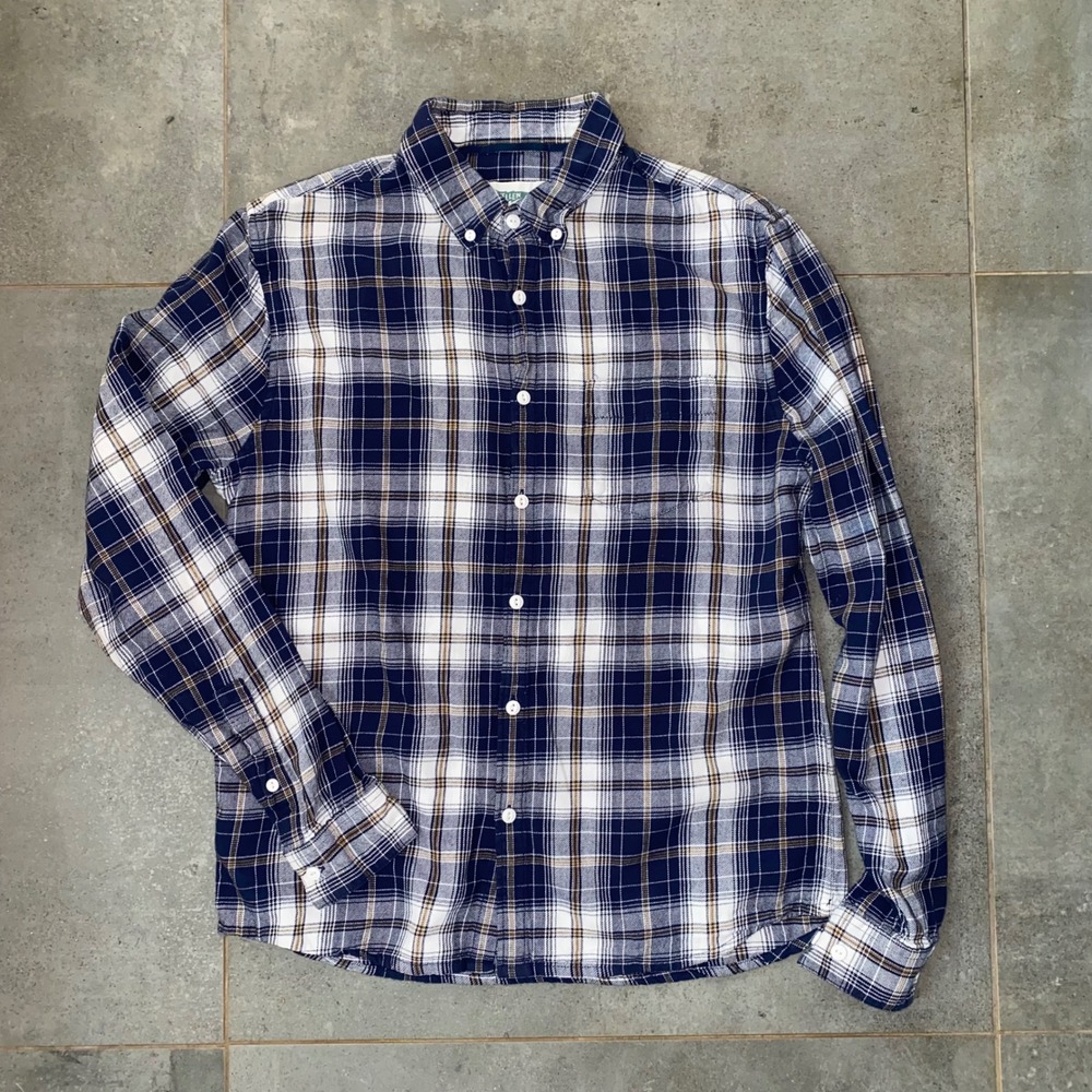 Wellen Huckberry Plaid‎ Button Down Small Navy White Organic Cotton Shirt Small